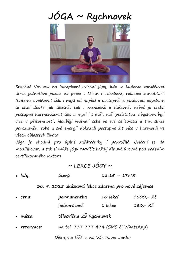 Lekce Jógy v&nbsp;tělocvičně ZŠ.