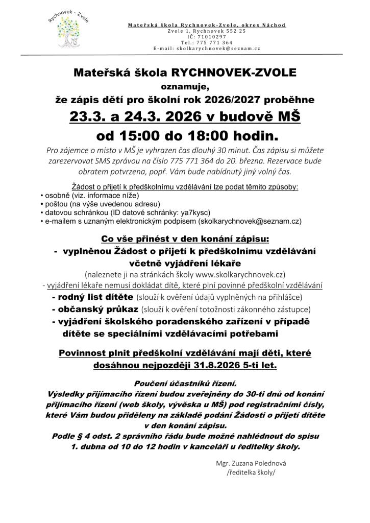 Zápis do&nbsp;MŠ 23.3. a&nbsp;24.3.2026