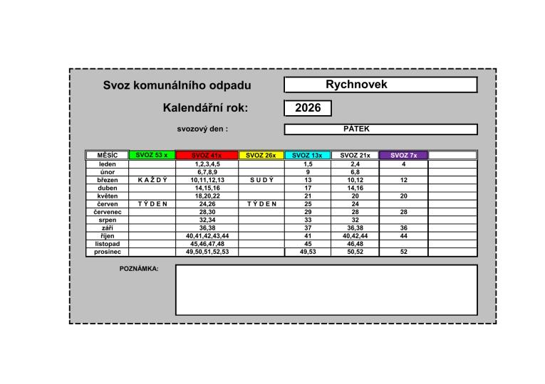 Svozový kalendář 2026