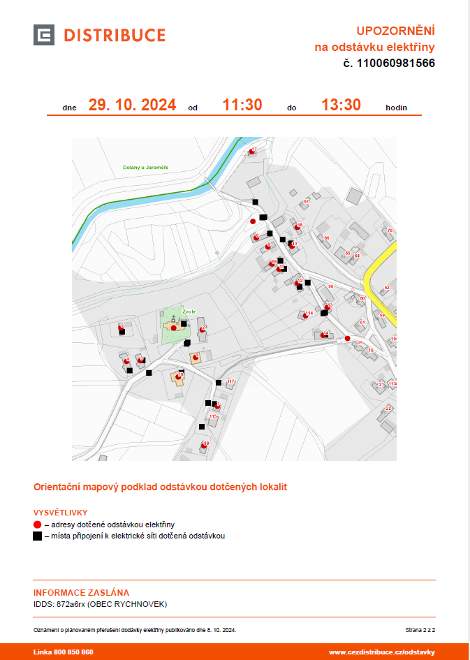 Odstávka od elektřiny 29.10.2024 část Zvole a celá Bunkule